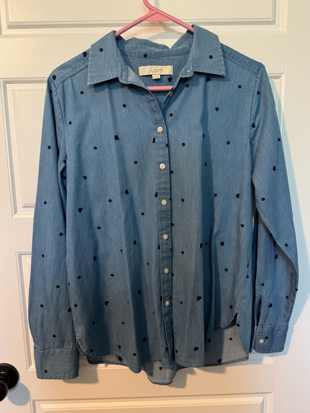 Loft Chambray Button Down Shirt with Heart and Dot Embroidery, Size Small